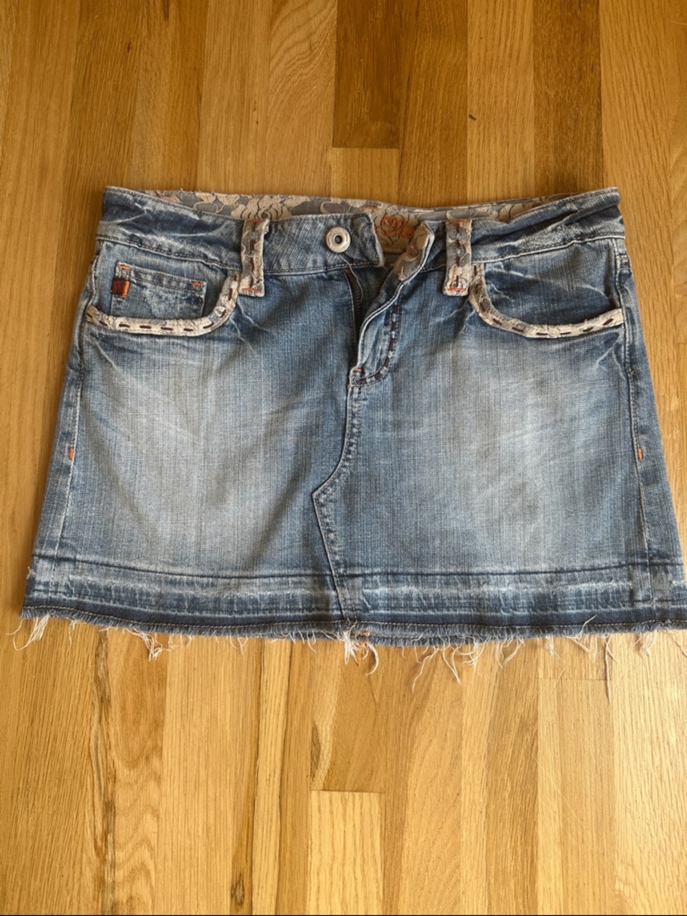 Vintage Miss Me Light Blue Denim Mini Skirt with Frayed Hem - Medium